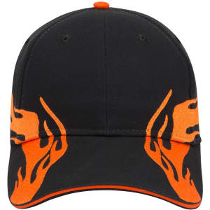A black baseball cap with orange flame designs and a logo on the front.