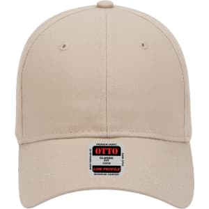 A beige 6 panel low profile baseball cap with a sewn-on logo label on the front.