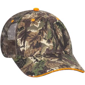 A camo 6 panel low profile trucker cap in green, brown, and orange with a mesh back and a logo.