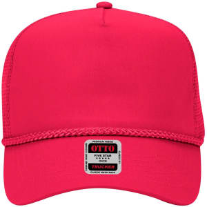 A bright pink 5 panel mid-profile trucker cap featuring a logo on the front and a mesh back.