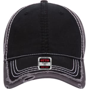 A black 6-panel low profile dad cap with stitching details and a branding label on the underside of the brim.