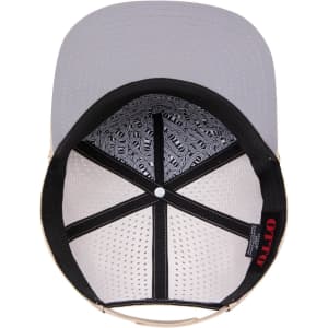 An overhead view of a grey and beige 5 Panel Pro Style Snapback Hat with a patterned interior and a logo.