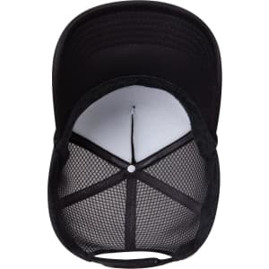 A high crown black trucker hat with a mesh back and a plain white interior. It features a logo on the front.