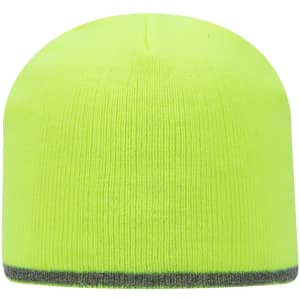 A bright yellow knit beanie featuring a reflective stripe at the bottom and a logo.