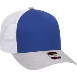 A blue and grey low profile trucker cap featuring a mesh back and a logo on the front panel.