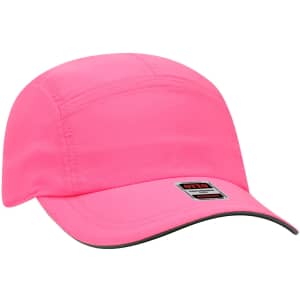 A bright pink reflective 5 panel running cap featuring a curved brim and a logo on the side.