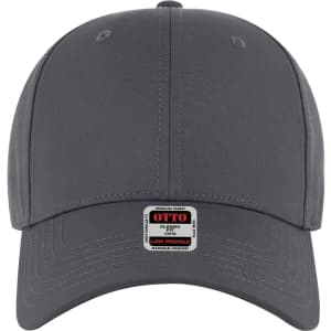 A grey 6 panel low profile baseball cap featuring a logo on the front and structured design.