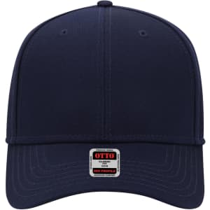 A navy blue 6-panel mid profile baseball cap featuring a logo on the front.