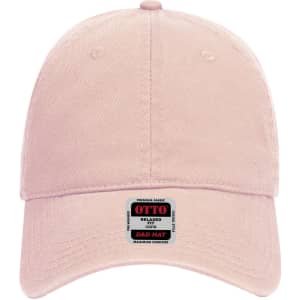 A pink 6-panel low profile dad cap with a logo on the front, made from premium fabric for comfort.