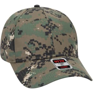 A camo 6 panel low profile baseball cap in shades of green and brown with a logo on the front.