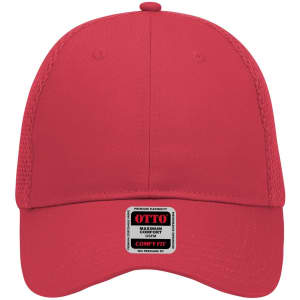 A red six-panel low profile baseball cap with a mesh back and a logo label on the front.