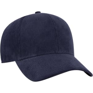 A navy 6 panel low-profile baseball cap made from corduroy, featuring a logo on the front.