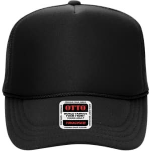 A black 5 Panel High Crown Trucker Cap with a branded label on the front and a snap closure at the back.