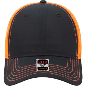 A black 6 panel low profile trucker cap with orange mesh panels and stitching, featuring a logo on the front.