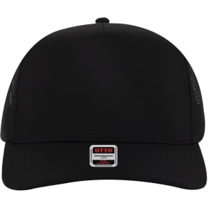 A black 5 Panel Mid Profile Trucker Cap with mesh side panels and a logo patch on the front.