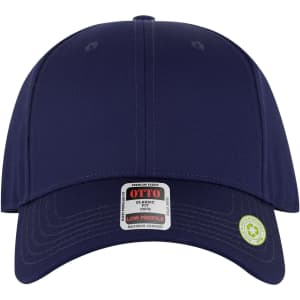 A low profile style baseball cap in navy blue with a logo and two ventilation holes on the top.