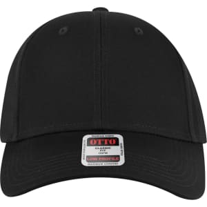 A black 6 panel low profile baseball cap featuring a logo and a structured design.