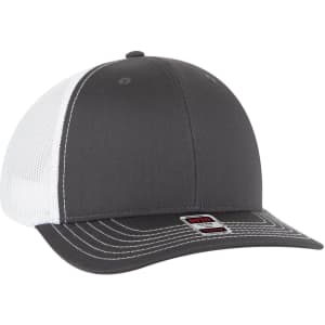 A grey and white 6 panel mid profile trucker cap with a logo and contrasting stitching.