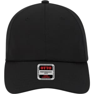 A black 6 panel low profile baseball cap with a branded label on the front.