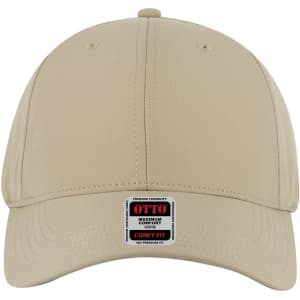 A beige six-panel low profile baseball cap with an adjustable back and a logo patch on the front.