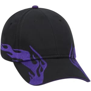 A black six-panel low profile baseball cap featuring purple flame designs and a logo on the front.