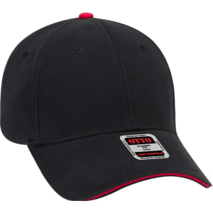 A black low profile baseball cap with a red accent and a branded label.