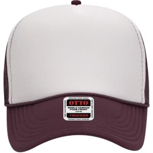 A maroon and white 5 Panel Mid Profile Trucker Cap with a mesh back and a logo label on the front.