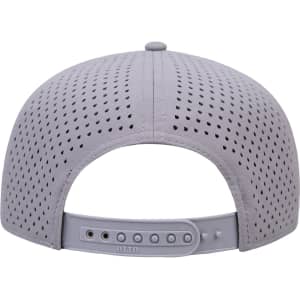 A grey 5 panel mid profile baseball cap with perforated detailing and an adjustable strap at the back.