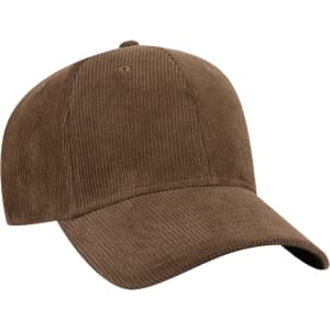 A brown corduroy 6 panel low profile baseball cap with a curved brim and a logo on the front.