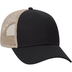 A black 6 panel low profile trucker cap with a beige mesh back and a rounded top. It features a logo on the front.