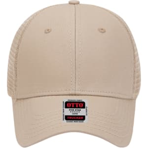 A beige 6 panel low profile trucker cap with a mesh back and a logo patch on the front.