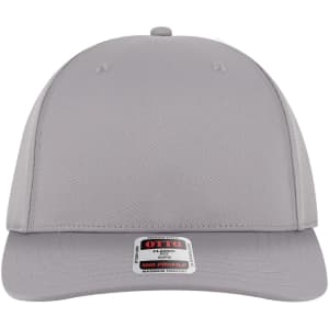 A grey seamless six-panel mid-profile baseball cap featuring a logo on the front.