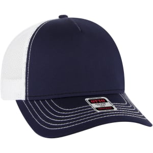 A navy blue and white 5 Panel Low Profile Trucker Cap with a mesh back and a logo.