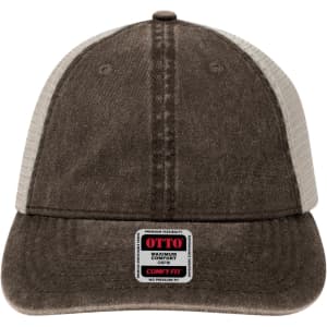 A brown and grey trucker cap featuring a low profile design and a logo on the front panel.