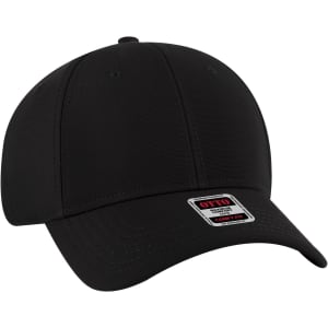 A black low-profile baseball cap featuring a branded tag on the front.