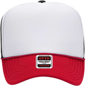 A high crown trucker cap in white and red with a black visor and a label on the front.