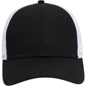 A black and white 6 panel low profile trucker cap with a curved brim and a mesh back.