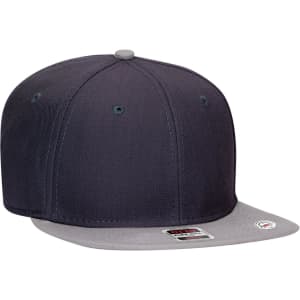 A six-panel mid-profile snapback cap featuring a navy body and grey undervisor. It has a logo on the side.