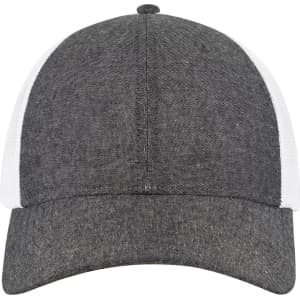 A grey and white six-panel low profile trucker cap with a curved brim and a logo.
