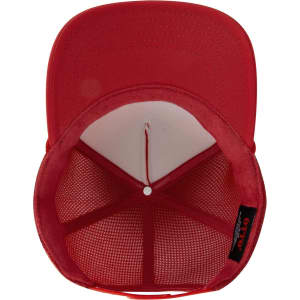 A red 5 Panel High Crown Air Mesh Back Trucker Hat, featuring a mesh interior and a curved brim.