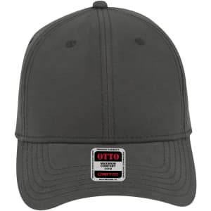 A grey six-panel low-profile baseball cap with a logo on the front and a structured brim.