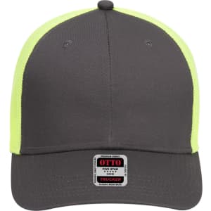 A grey and high-vis yellow 6 panel low profile trucker cap with a logo on the front.