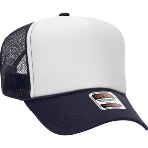 A 5 panel high crown trucker cap featuring a white front and navy blue mesh back, with a logo on the front.