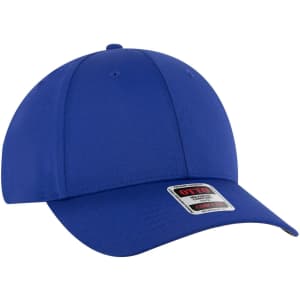 A blue 6-panel low profile baseball cap featuring a logo on the front.