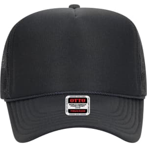 A 5 panel high crown trucker cap in black with mesh sides and a branded label on the front.