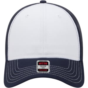 A low profile trucker cap featuring a white front and navy mesh back, with a logo tag sewen on the brim.