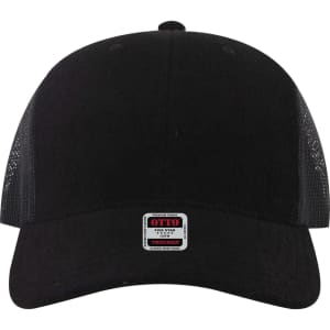 A black 6 panel mid profile trucker cap with mesh panels and a logo tag at the front.