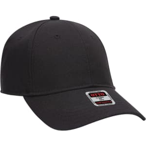 A black 6 panel low profile baseball cap with a logo tag attached.
