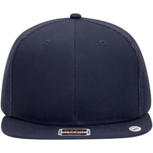 A dark navy trucker cap with a mid-profile design and mesh sides. It features a branded label on the front.