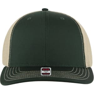 A green and beige 6 panel mid profile trucker cap with a logo on the front and mesh sides.